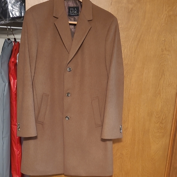 Men's Jos A Bank Brown Wool 3/4 lengh Coat polyester wool blend tan Med - Picture 1 of 5